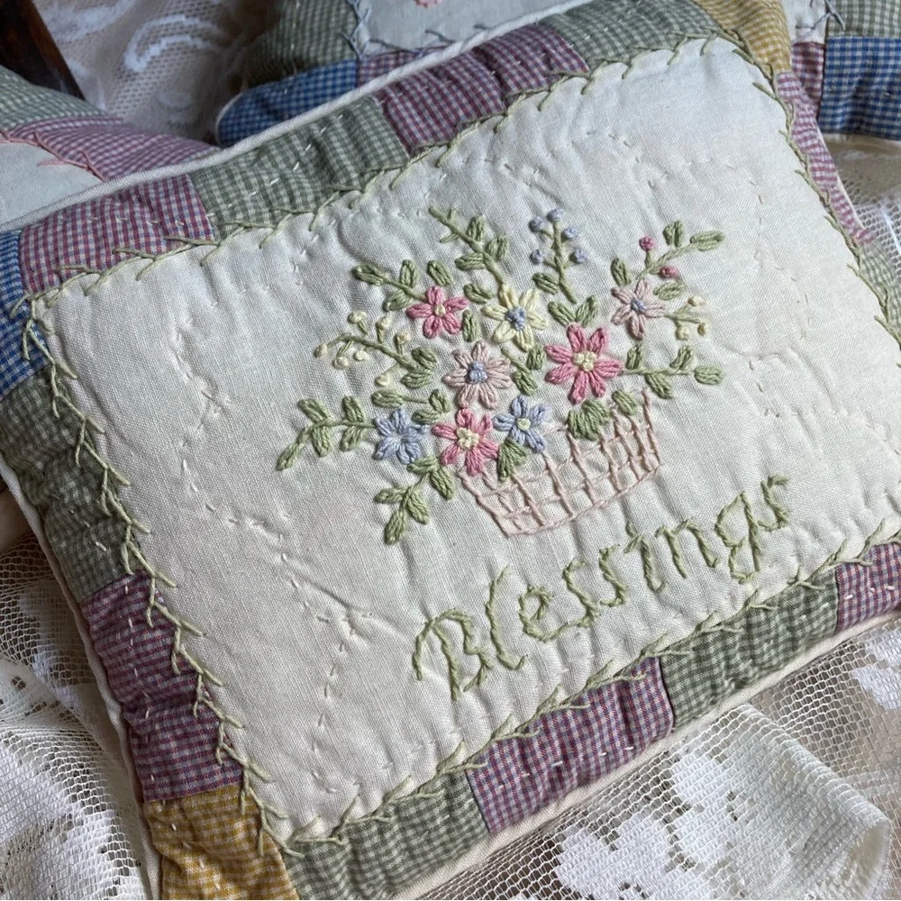 Set of 3 Primitive Quilted Embroidered pillows 9” x 8” GRACE LOVE BLESSINGS